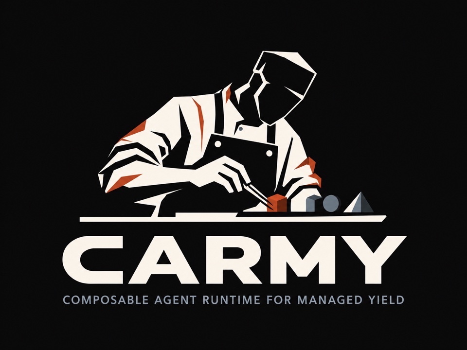 A chef placing a red cube on a straight rail, above the word CARMY